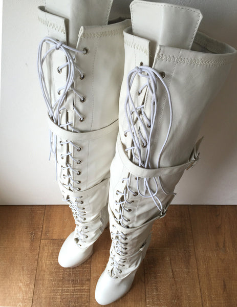 TATIANA 20cm Platform Hi Heel Fetish Crotch Hi Buckle Strap Boots White Matte