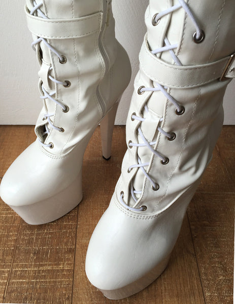 TATIANA 20cm Platform Hi Heel Fetish Crotch Hi Buckle Strap Boots White Matte