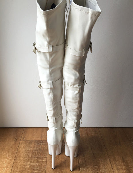 TATIANA 20cm Platform Hi Heel Fetish Crotch Hi Buckle Strap Boots White Matte