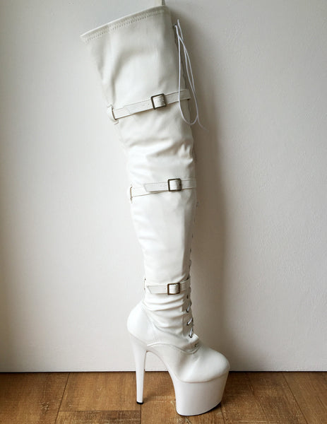 TATIANA 20cm Platform Hi Heel Fetish Crotch Hi Buckle Strap Boots White Matte
