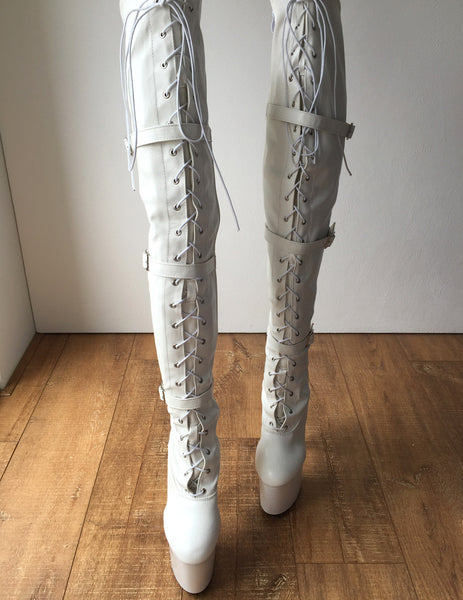 TATIANA 20cm Platform Hi Heel Fetish Crotch Hi Buckle Strap Boots White Matte