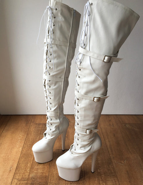 TATIANA 20cm Platform Hi Heel Fetish Crotch Hi Buckle Strap Boots White Matte