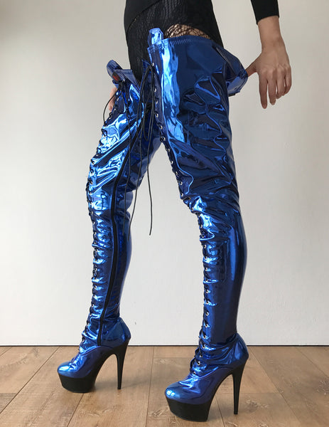 RTBU PERKINS 15cm Platform Crotch Burlesque eel LaceUp Zip Blue Metallic