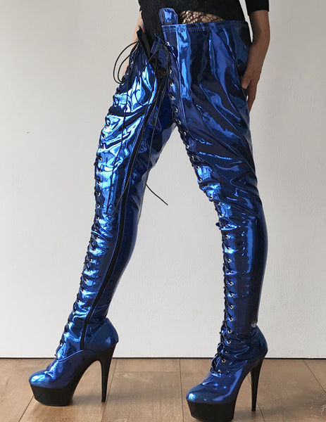 RTBU PERKINS 15cm Platform Crotch Burlesque eel LaceUp Zip Blue Metallic