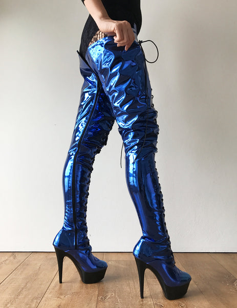 RTBU PERKINS 15cm Platform Crotch Burlesque eel LaceUp Zip Blue Metallic