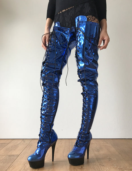 RTBU PERKINS 15cm Platform Crotch Burlesque eel LaceUp Zip Blue Metallic