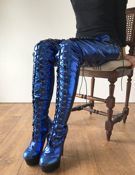 RTBU PERKINS 15cm Platform Crotch Burlesque eel LaceUp Zip Blue Metallic