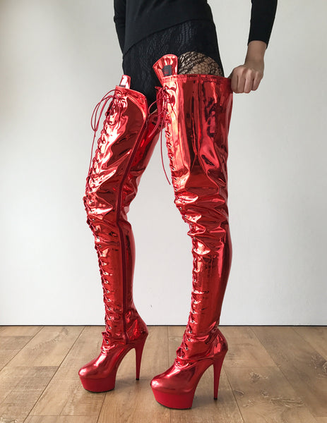 RTBU PERKINS 15cm Platform Crotch Burlesque eel LaceUp Zip Red Metallic