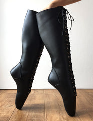 POINTE (No Zip) Heelless Lace Up Knee High Ballet Fetish Pain Boots Black Matte