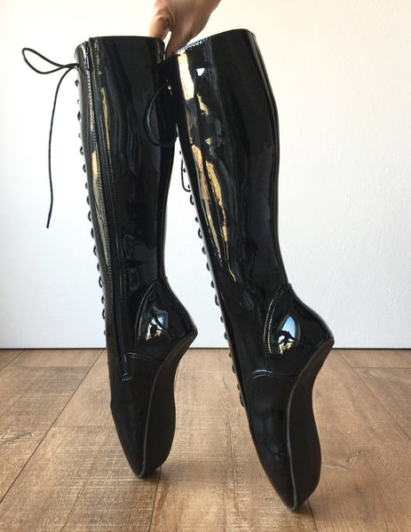 POINTE (w/ Zip) Heelless Lace Up Knee High Ballet Fetish Pain Boots Black Patent