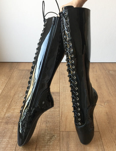 POINTE (w/ Zip) Heelless Lace Up Knee High Ballet Fetish Pain Boots Black Patent