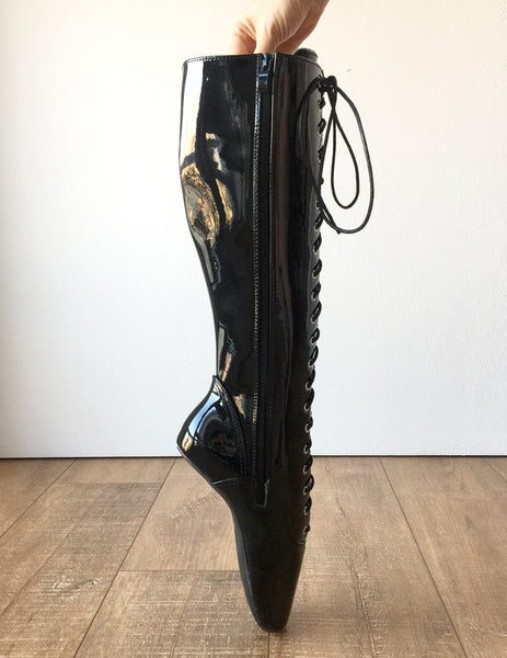 POINTE (w/ Zip) Heelless Lace Up Knee High Ballet Fetish Pain Boots Black Patent