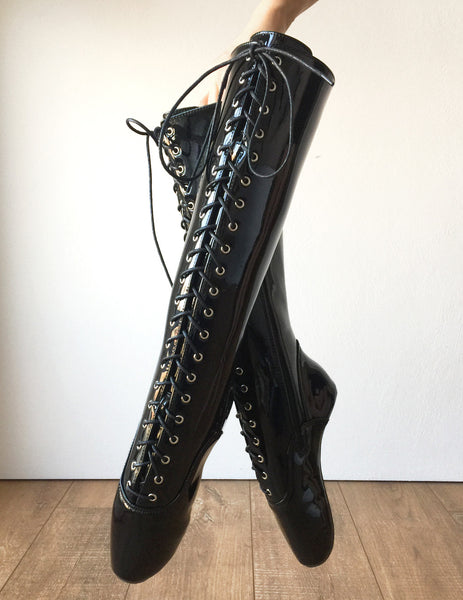 POINTE (w/ Zip) Heelless Lace Up Knee High Ballet Fetish Pain Boots Black Patent