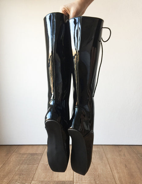 POINTE (w/ Zip) Heelless Lace Up Knee High Ballet Fetish Pain Boots Black Patent