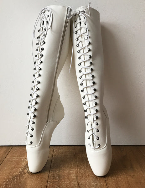 POINTE (w/ Zip) Heelless Lace Up Knee High Ballet Fetish Pain Boots White Matte