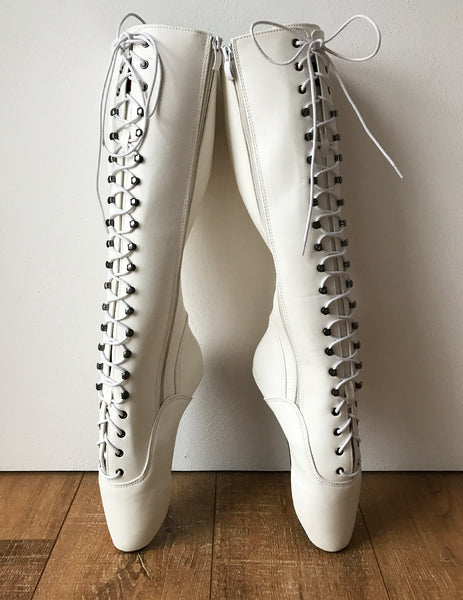 POINTE (w/ Zip) Heelless Lace Up Knee High Ballet Fetish Pain Boots White Matte