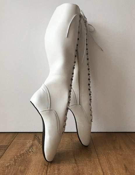 POINTE (w/ Zip) Heelless Lace Up Knee High Ballet Fetish Pain Boots White Matte
