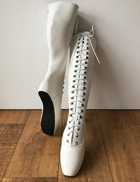 POINTE (w/ Zip) Heelless Lace Up Knee High Ballet Fetish Pain Boots White Matte