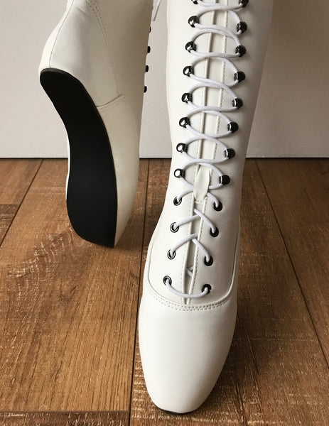 POINTE (w/ Zip) Heelless Lace Up Knee High Ballet Fetish Pain Boots White Matte
