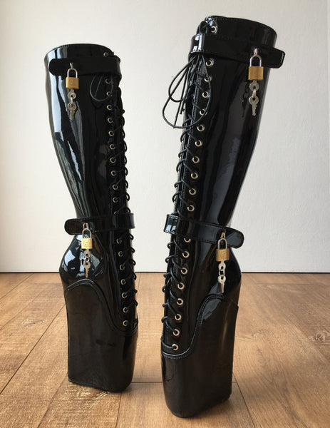 Beginner QUAN Hoof Heelless Fetish Pinup Ballet Lockable Wedge Boot Black Patent