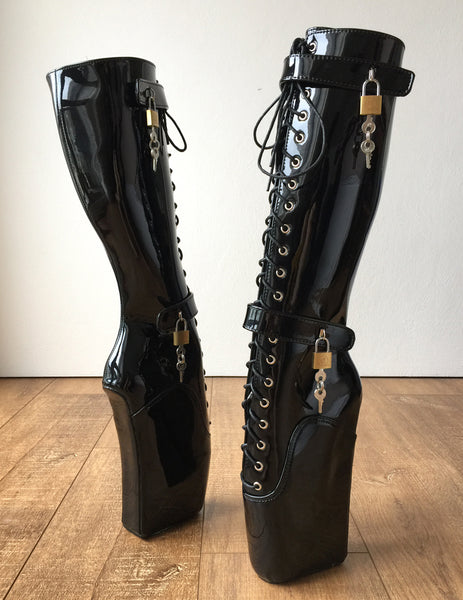 Beginner QUAN Hoof Heelless Fetish Pinup Ballet Lockable Wedge Boot Black Patent