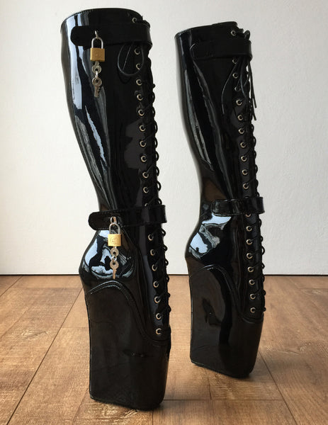 Beginner QUAN Hoof Heelless Fetish Pinup Ballet Lockable Wedge Boot Black Patent