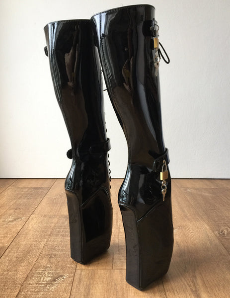 Beginner QUAN Hoof Heelless Fetish Pinup Ballet Lockable Wedge Boot Black Patent