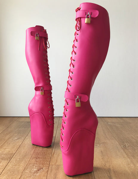 RTBU QUAN Ballet Wedge Hoof Heelless Lockable Boot Hot Pink Matte
