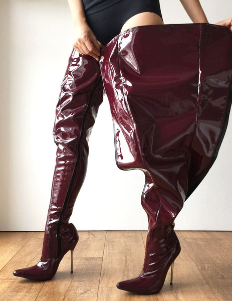 LETHAL 12cm Weapon Silver Metal Stiletto Heel Crotch Hi Show Boot Patent Shiny PVC Raisin Wine