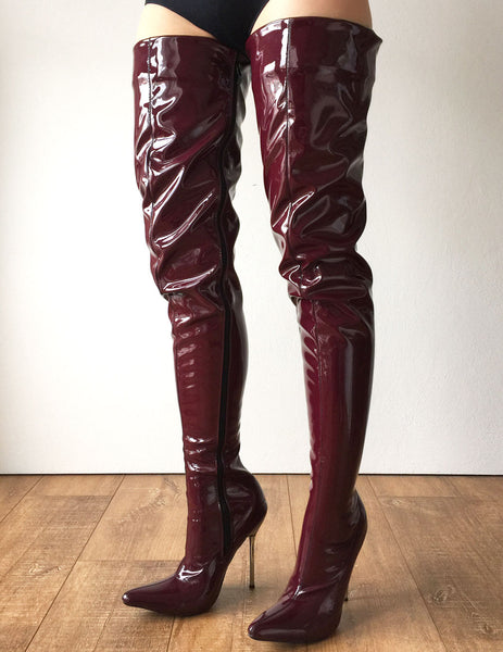 LETHAL 12cm Weapon Silver Metal Stiletto Heel Crotch Hi Show Boot Patent Shiny PVC Raisin Wine