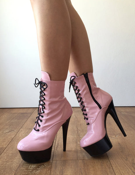 15cm BABE Ankle Platform Laceup Zip Bootie Kawaii Punk Patent Baby Pink Custom Color