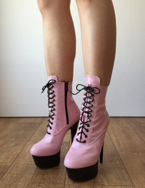 15cm BABE Ankle Platform Laceup Zip Bootie Kawaii Punk Patent Baby Pink Custom Color