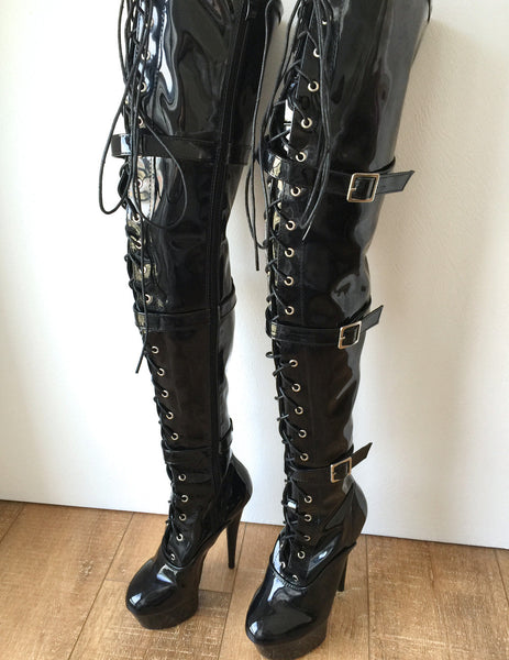 15cm Platform OSSY Laceup 60cm Mid-Thigh Goth Punk Cosplay Patent Fetish boots