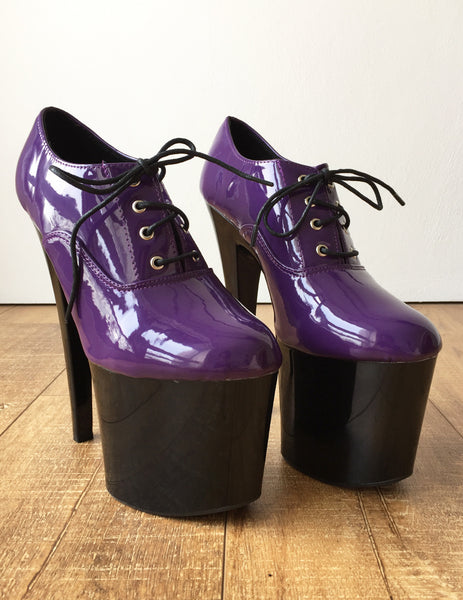 20cm Extreme Platform Heel Fetish Patent Dark Purple PVC Oxford Ankle Bootie