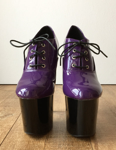 20cm Extreme Platform Heel Fetish Patent Dark Purple PVC Oxford Ankle Bootie