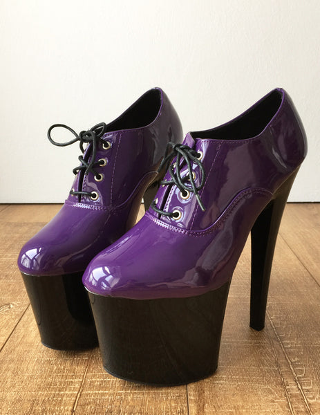 20cm Extreme Platform Heel Fetish Patent Dark Purple PVC Oxford Ankle Bootie