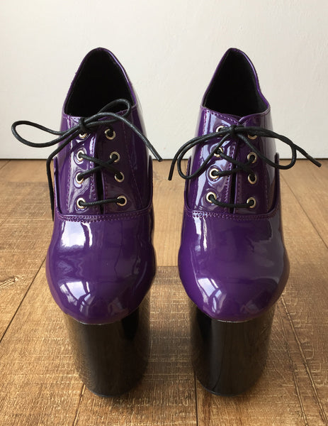 20cm Extreme Platform Heel Fetish Patent Dark Purple PVC Oxford Ankle Bootie