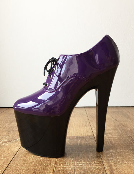 20cm Extreme Platform Heel Fetish Patent Dark Purple PVC Oxford Ankle Bootie