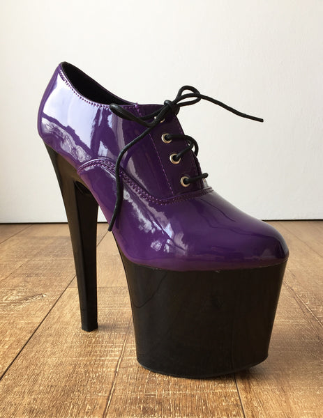 20cm Extreme Platform Heel Fetish Patent Dark Purple PVC Oxford Ankle Bootie