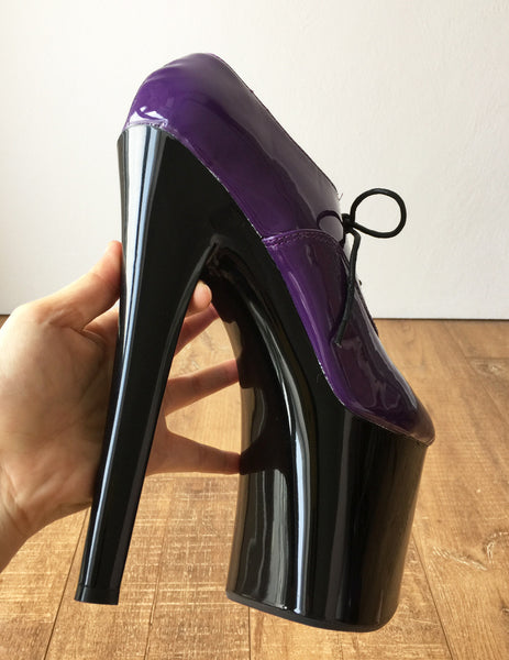 20cm Extreme Platform Heel Fetish Patent Dark Purple PVC Oxford Ankle Bootie