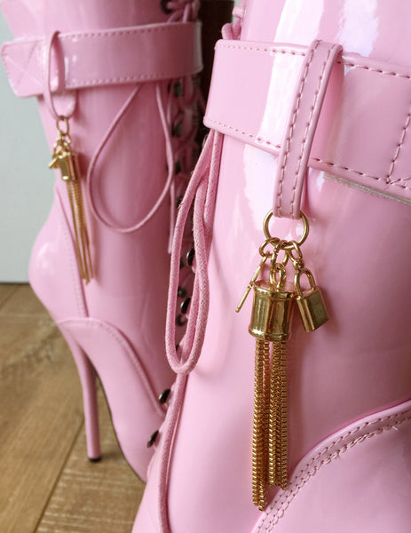 18cm Fetish Ballet Calf Boot Gold Metallic Tassel Charm Burlesque Patent Pink