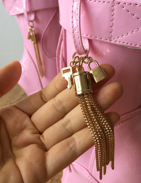 18cm Fetish Ballet Calf Boot Gold Metallic Tassel Charm Burlesque Patent Pink