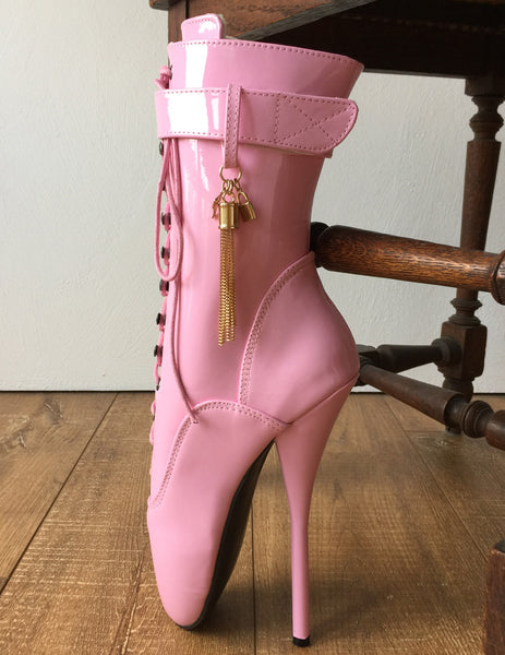 18cm Fetish Ballet Calf Boot Gold Metallic Tassel Charm Burlesque Patent Pink