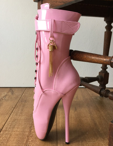 18cm Fetish Ballet Calf Boot Gold Metallic Tassel Charm Burlesque Patent Pink