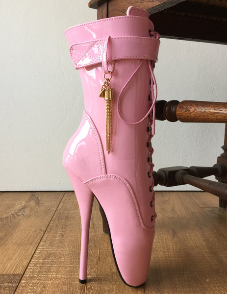 18cm Fetish Ballet Calf Boot Gold Metallic Tassel Charm Burlesque Patent Pink