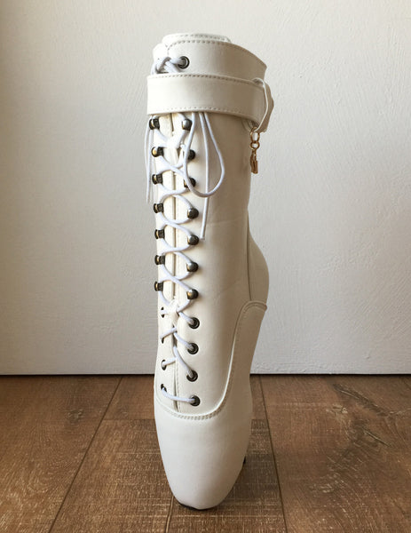 18cm Fetish Ballet Pointe Calf Hi Boot Gold Charm Burlesque Angel White Matte
