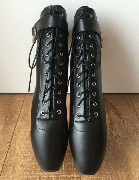 18cm Fetish Lockable Ballet Boots Mini Padlock Matte Black Restrain Slave Roleplay