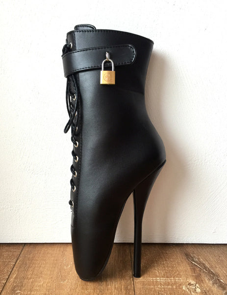 18cm Fetish Lockable Ballet Boots Mini Padlock Matte Black Restrain Slave Roleplay