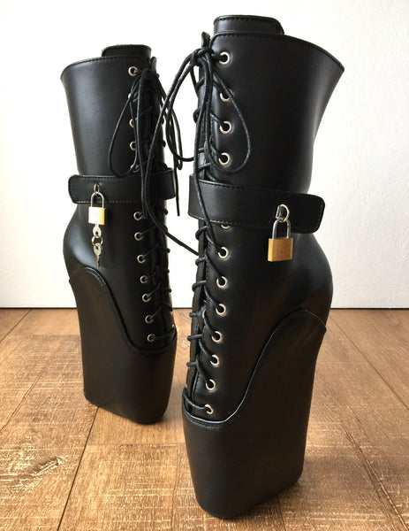 18cm "LOCKY" Beginner Lockable Ballet Wedge Boots Hoof Sole Heelless Fetish Goth Pinup