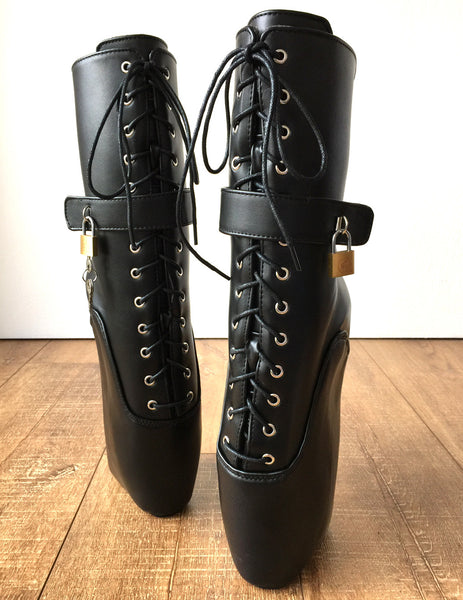 18cm "LOCKY" Beginner Lockable Ballet Wedge Boots Hoof Sole Heelless Fetish Goth Pinup